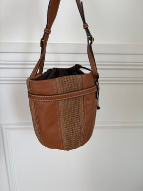 STAUD Tan Leather and Raffia Bucket Shoulder Bag