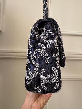 Chanel Navy and White Sequin Logo Medium Flap Bag
