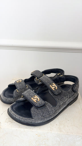Chanel Navy Sueded Denim Dad Sandals, 38