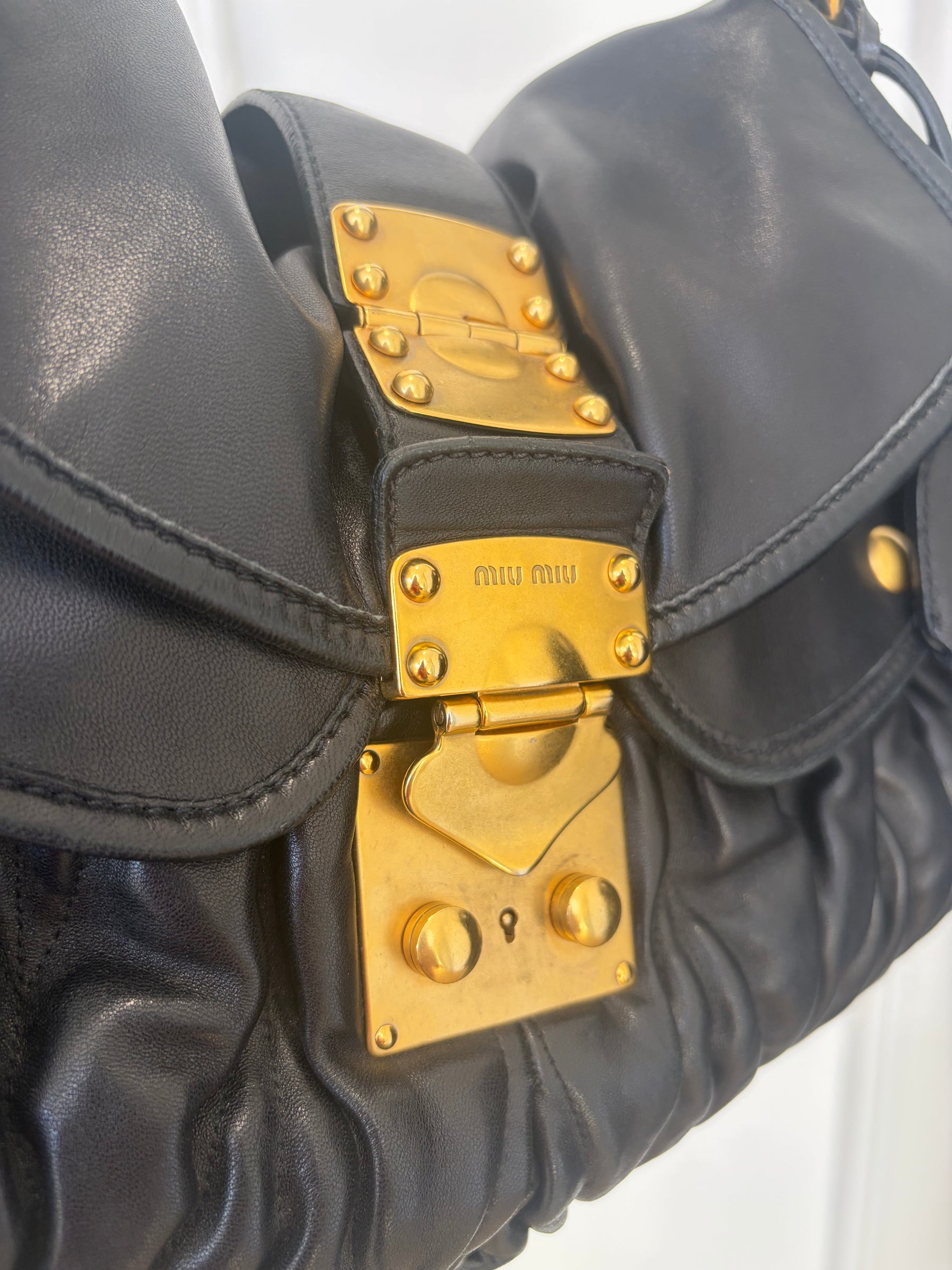 Miu Miu Black Leather Matelasse Coffer Hobo Bag