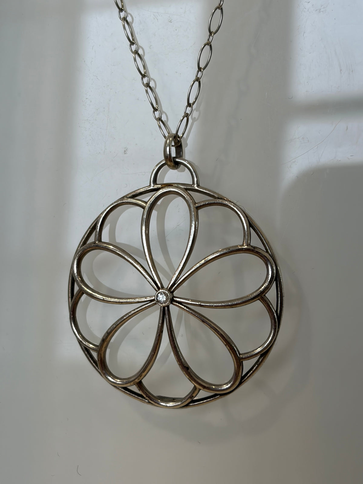 Tiffany & Co. Sterling Silver Flower Medallion Pendant on Long Chain
