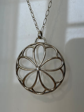 Tiffany & Co. Sterling Silver Flower Medallion Pendant on Long Chain
