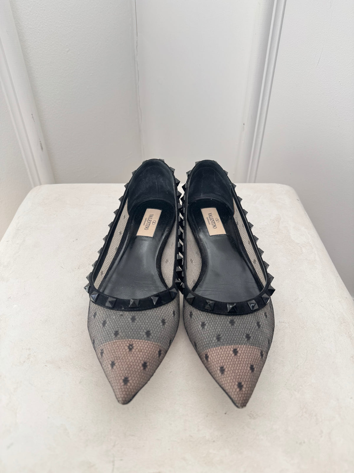 Valentino Garavani Black Mesh Spotted Rockstud Flats, 39