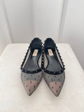 Valentino Garavani Black Mesh Spotted Rockstud Flats, 39