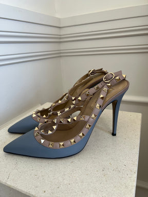 Valentino Garavani Blue and Beige Rockstud Caged Pumps, 39