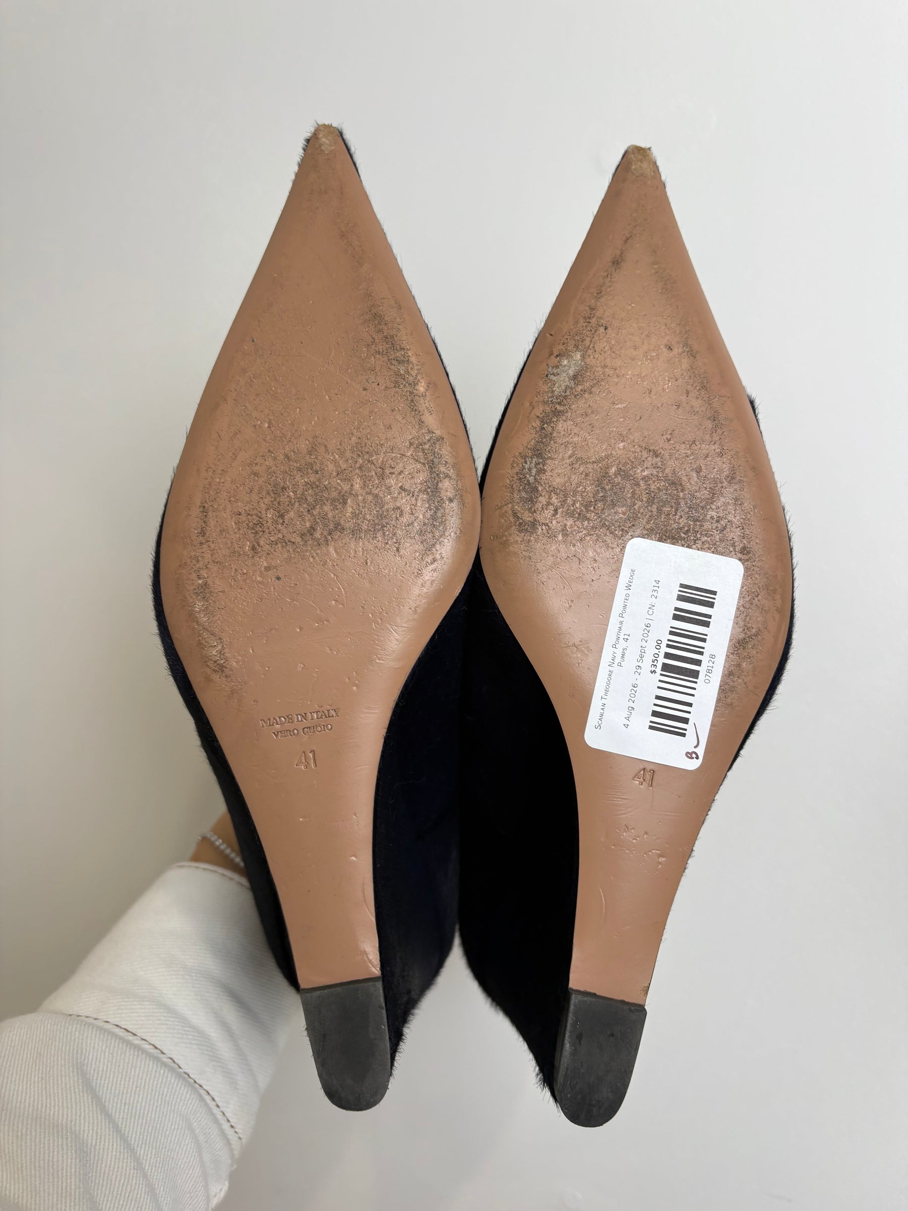 Scanlan Theodore Navy Ponyhair Pointed Wedge Pumps, 41