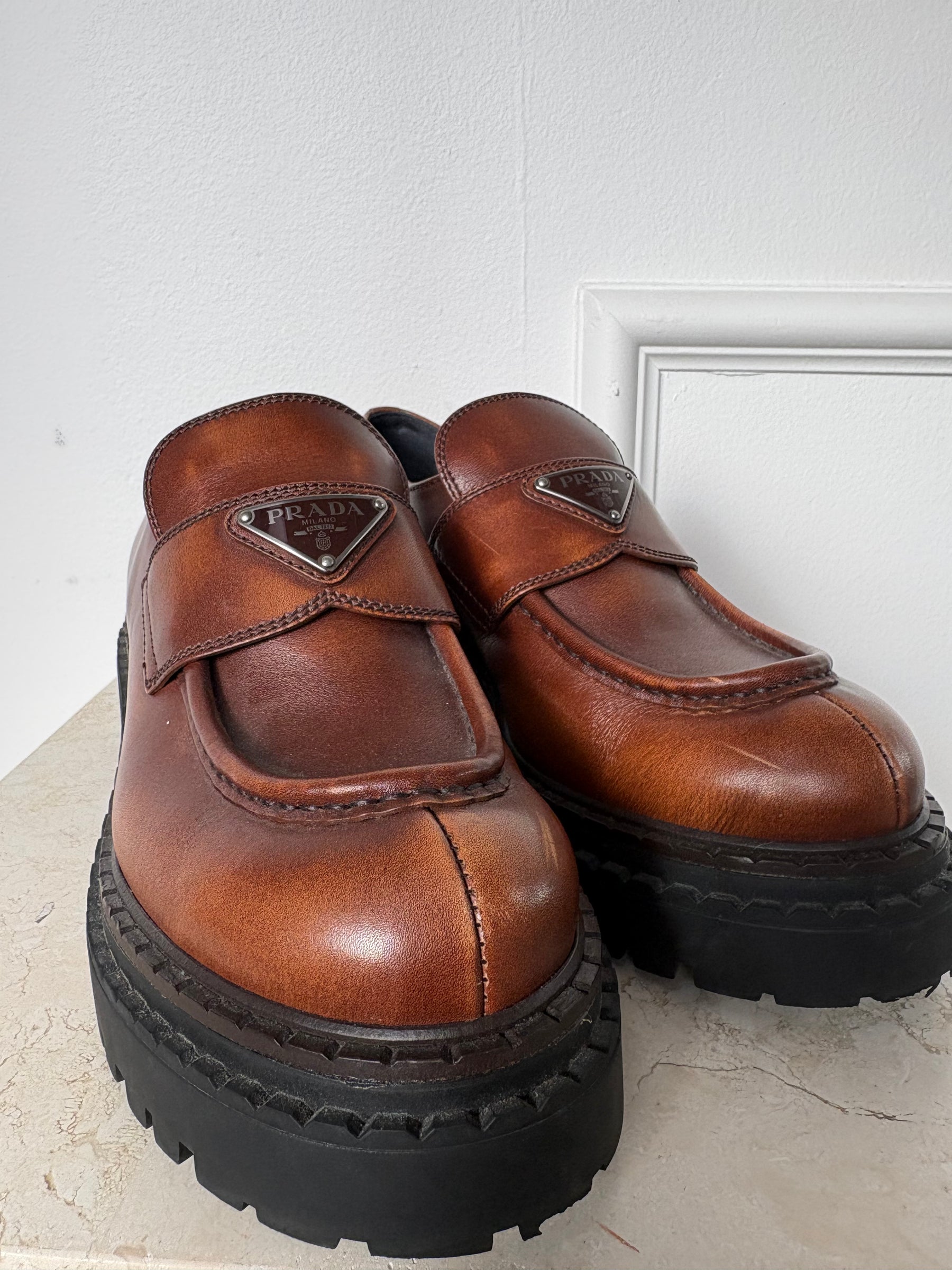 Prada Logo Leather Platform Loafers, 39