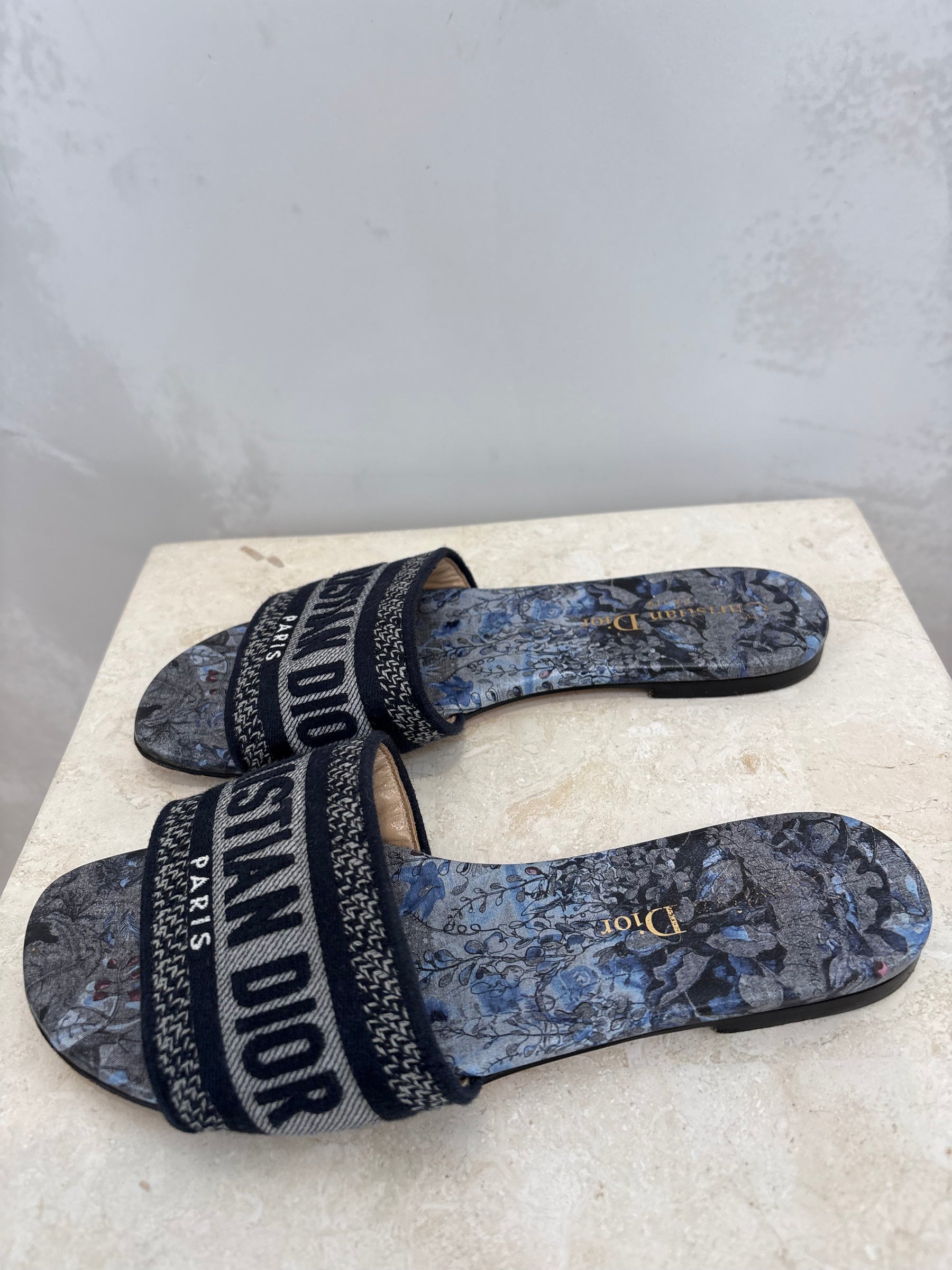 Dior Navy Embroidered D Way Slides, 35.5