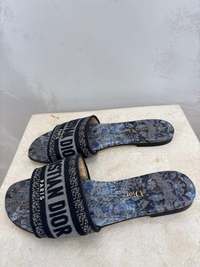 Dior Navy Embroidered D Way Slides, 35.5