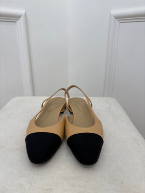 Chanel Beige and Black Slingback Flats, 38.5 C