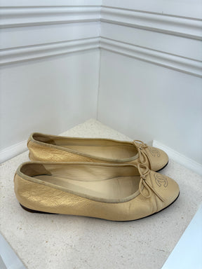 Chanel Gold Crinkled Leather Ballet Flats, 37.5C