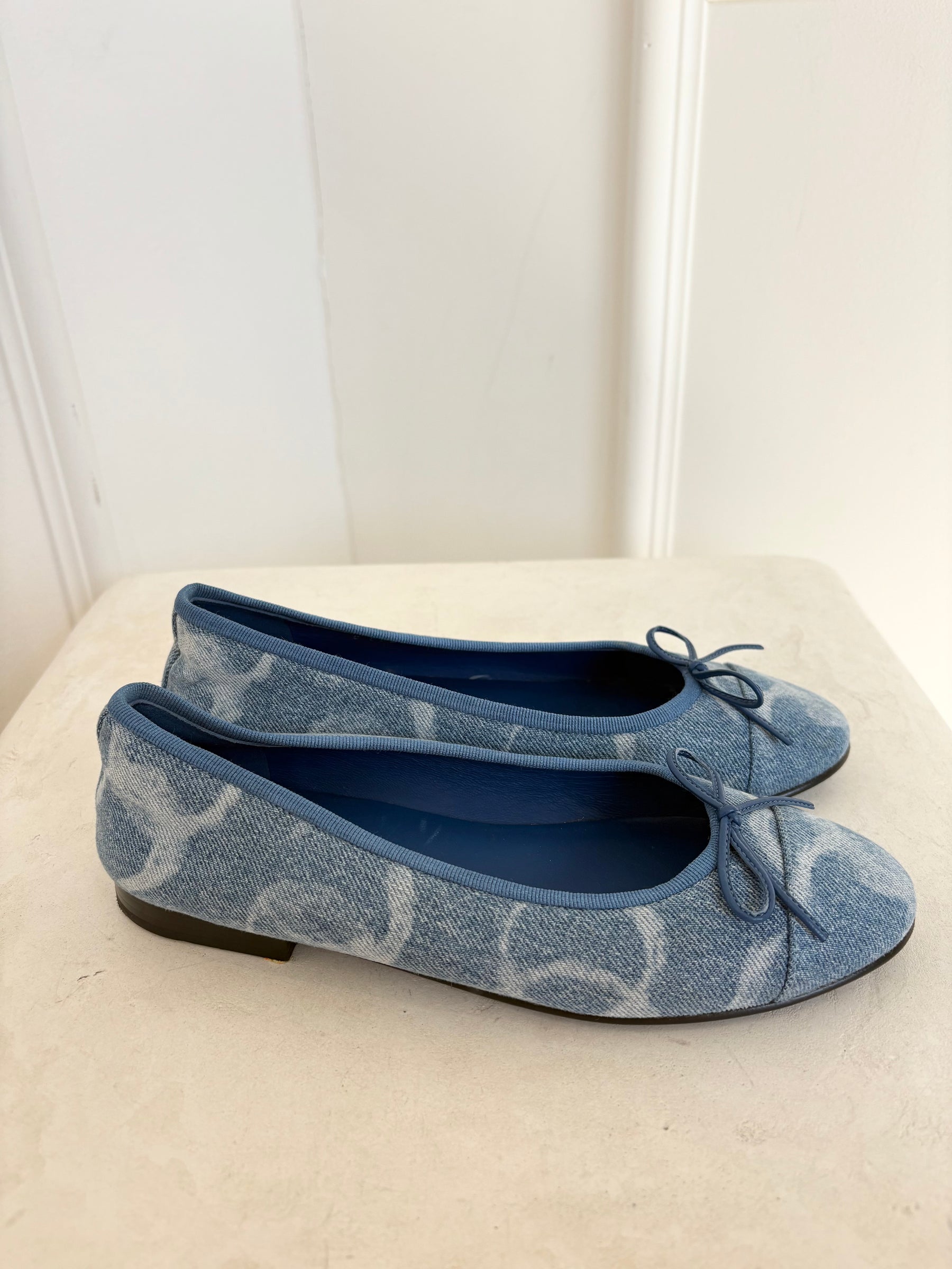 Chanel Blue Denim Logo Ballet Flats, 36.5