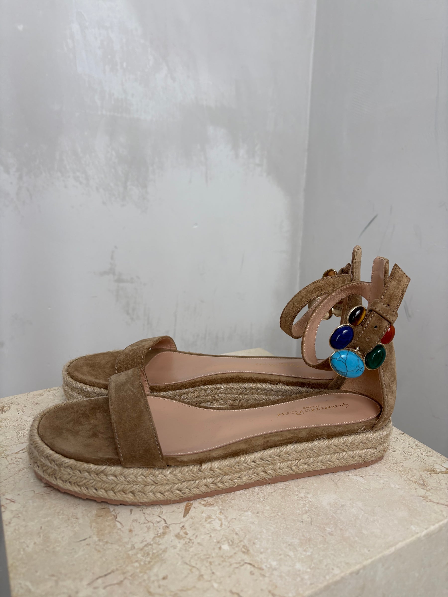 Gianvito Rossi Taupe Suede Espadrille Sandal with Gem Buckle, 38