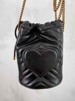 Gucci Black Chevron Leather Mini Marmont Bucket