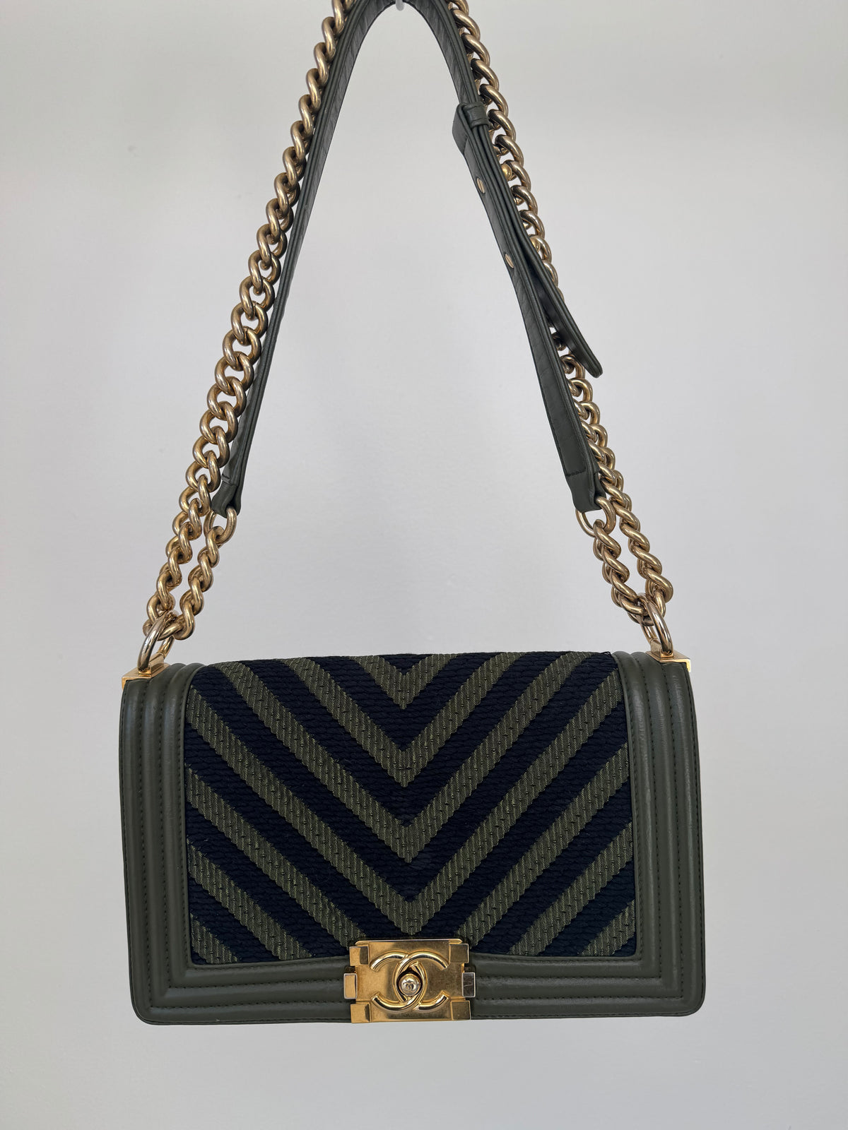 Chanel Khaki and Black Leather and Fabric Chevron Medium Boy Bag