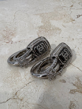 Chanel Silver and Crystal Logo Drop Earrings