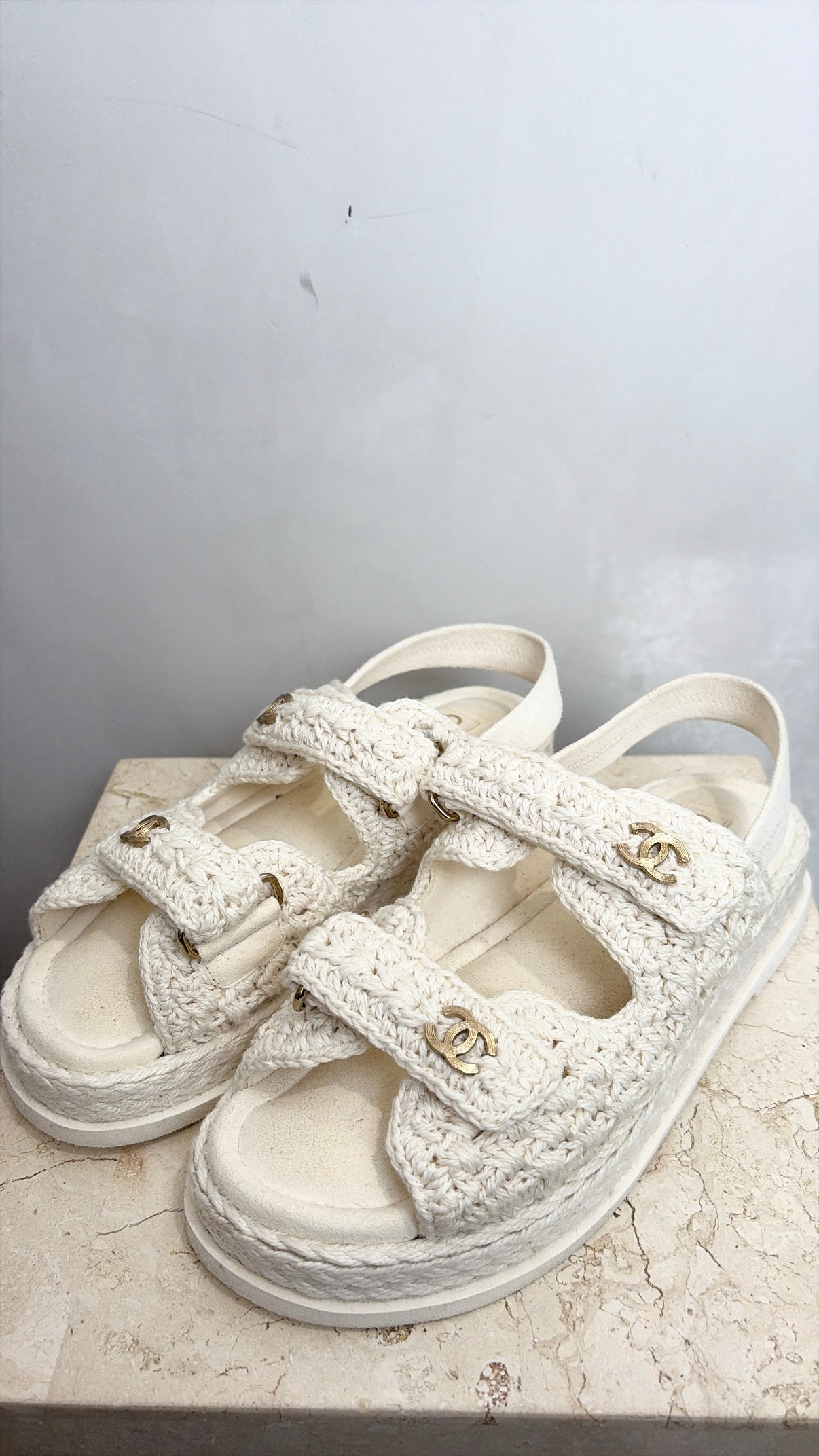Chanel Cream Crochet Slingback Dad Sandal, 38C