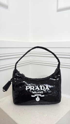 Prada Black Sequin Logo Re-edition Shoulder Bag