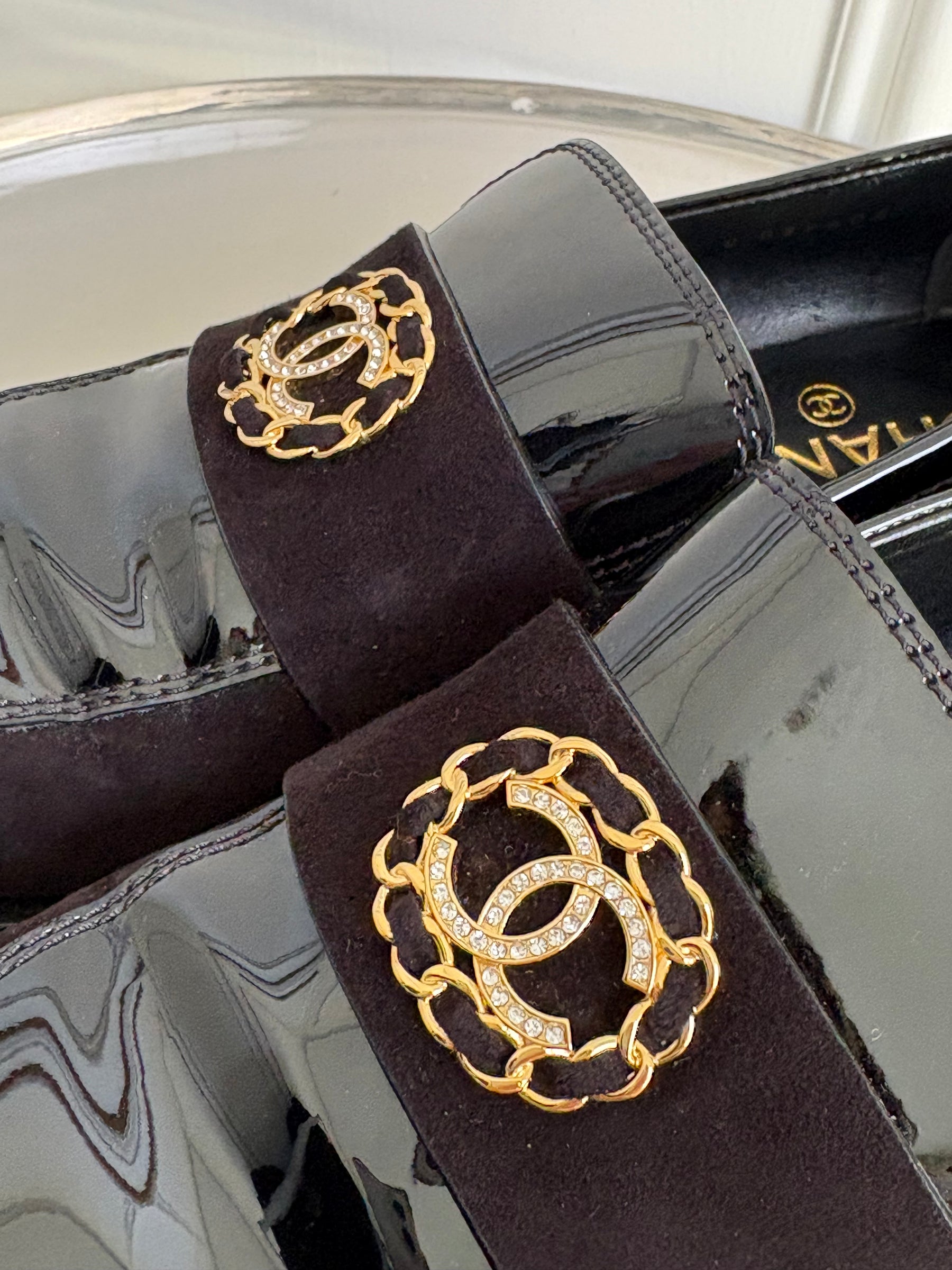 Chanel CC Black Patent And Suede Loafers, 39.5 C