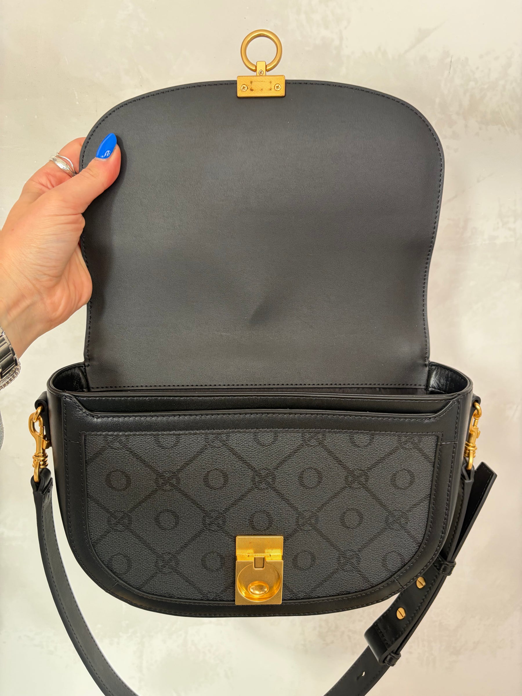 Oroton Black and Charcoal Monogram half Moon Flap Bag