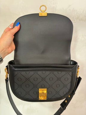 Oroton Black and Charcoal Monogram half Moon Flap Bag