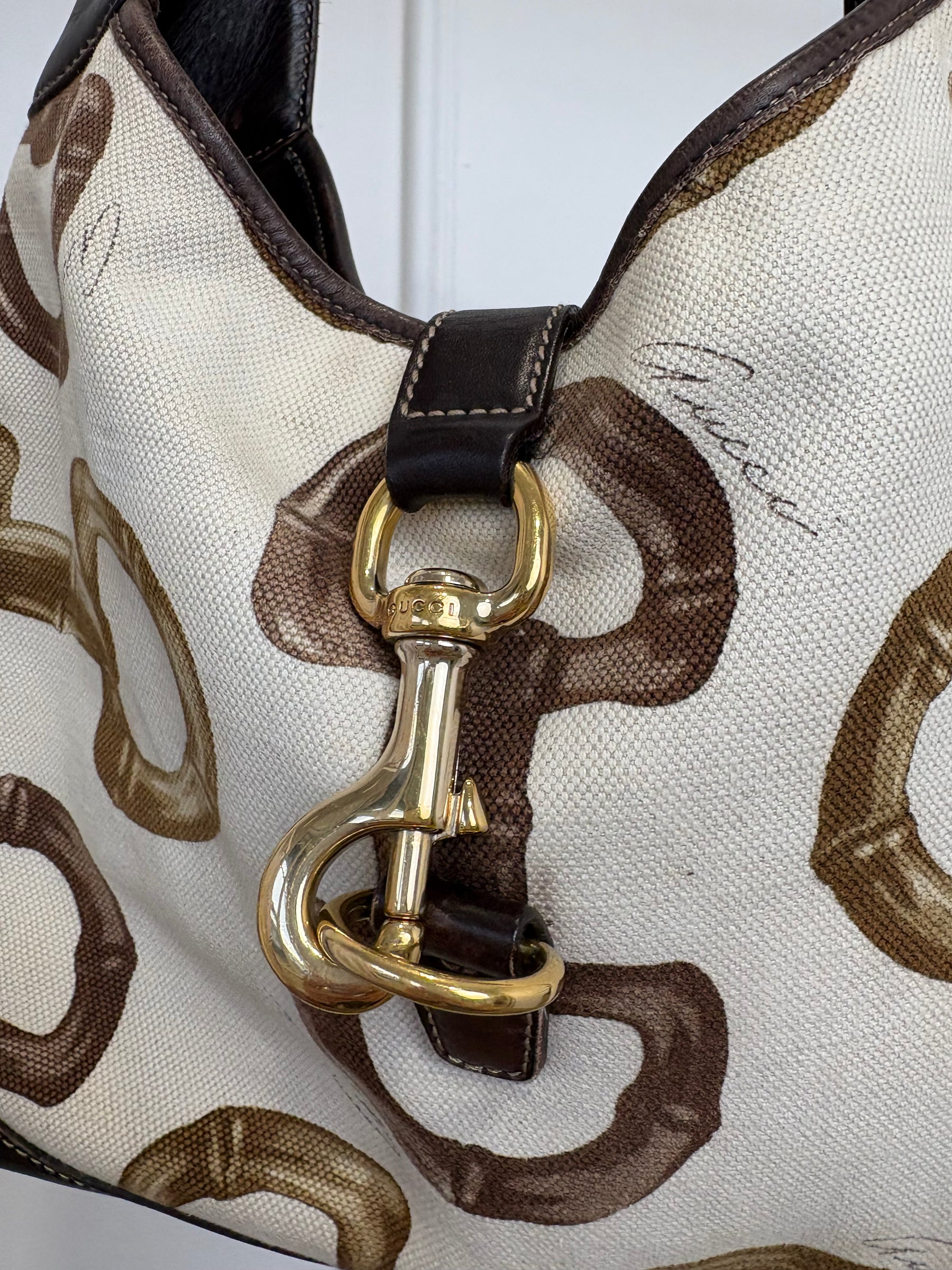Gucci Dark Brown Leather and Canvas Horsebit Print Jackie