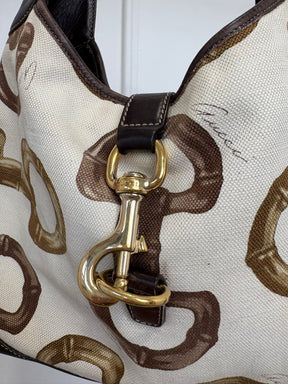 Gucci Dark Brown Leather and Canvas Horsebit Print Jackie