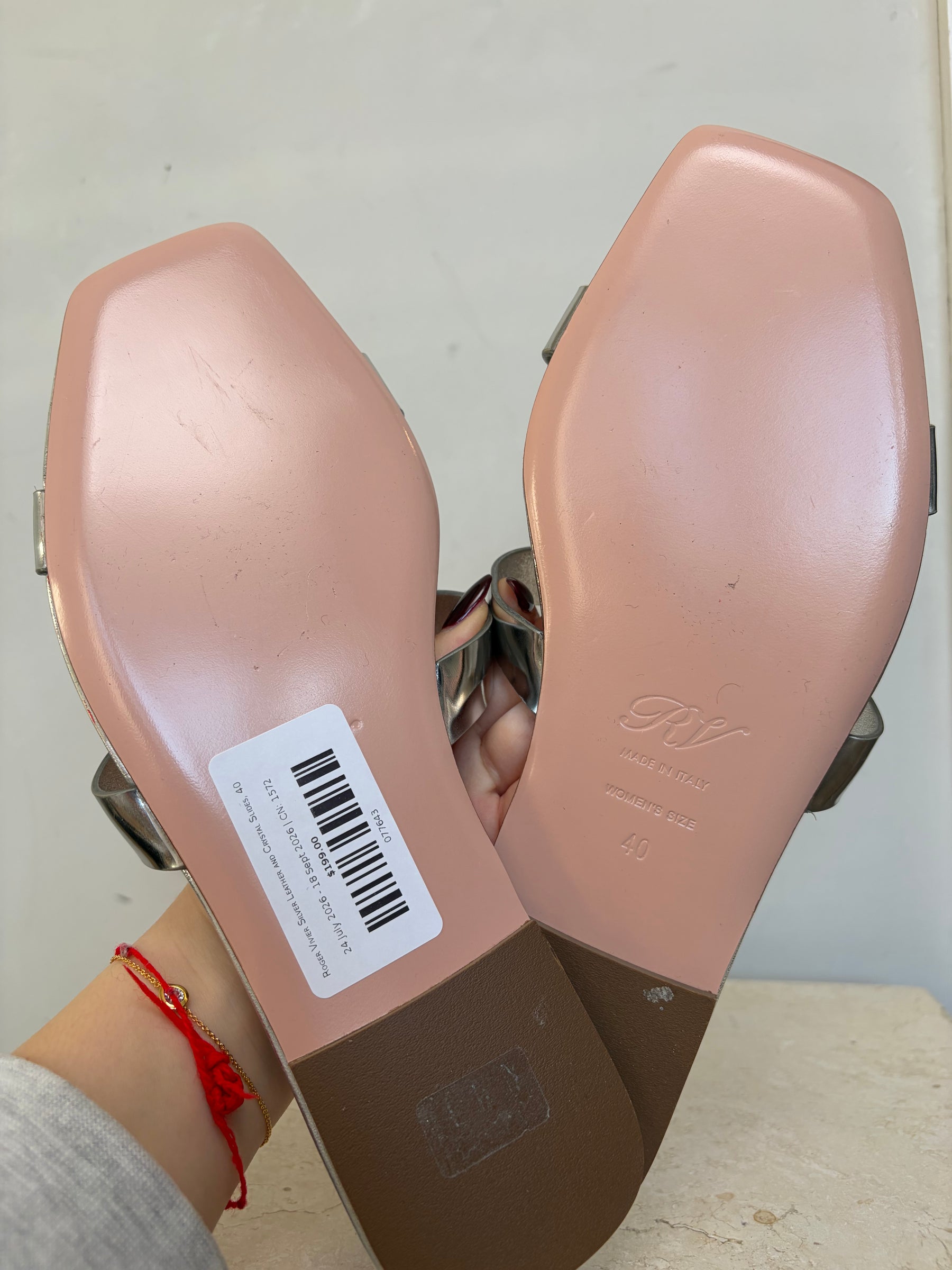 Roger Vivier Silver Leather and Crystal Slides, 40