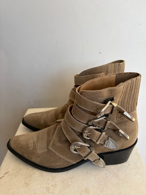 Toga Pulla Taupe Suede Buckle Western Boots, 39