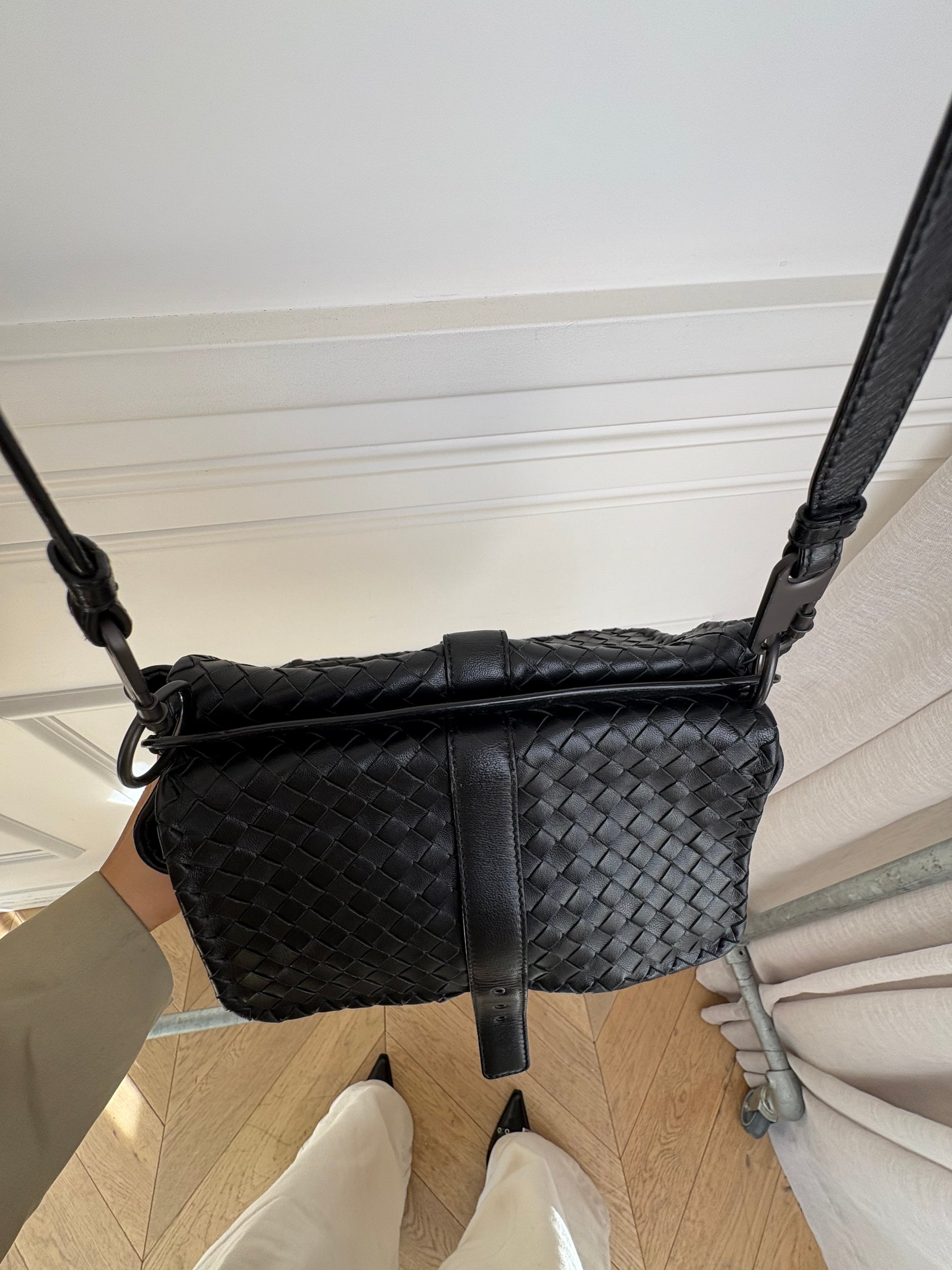 Bottega Veneta Black Intrecciato Leather Double Flap Bag