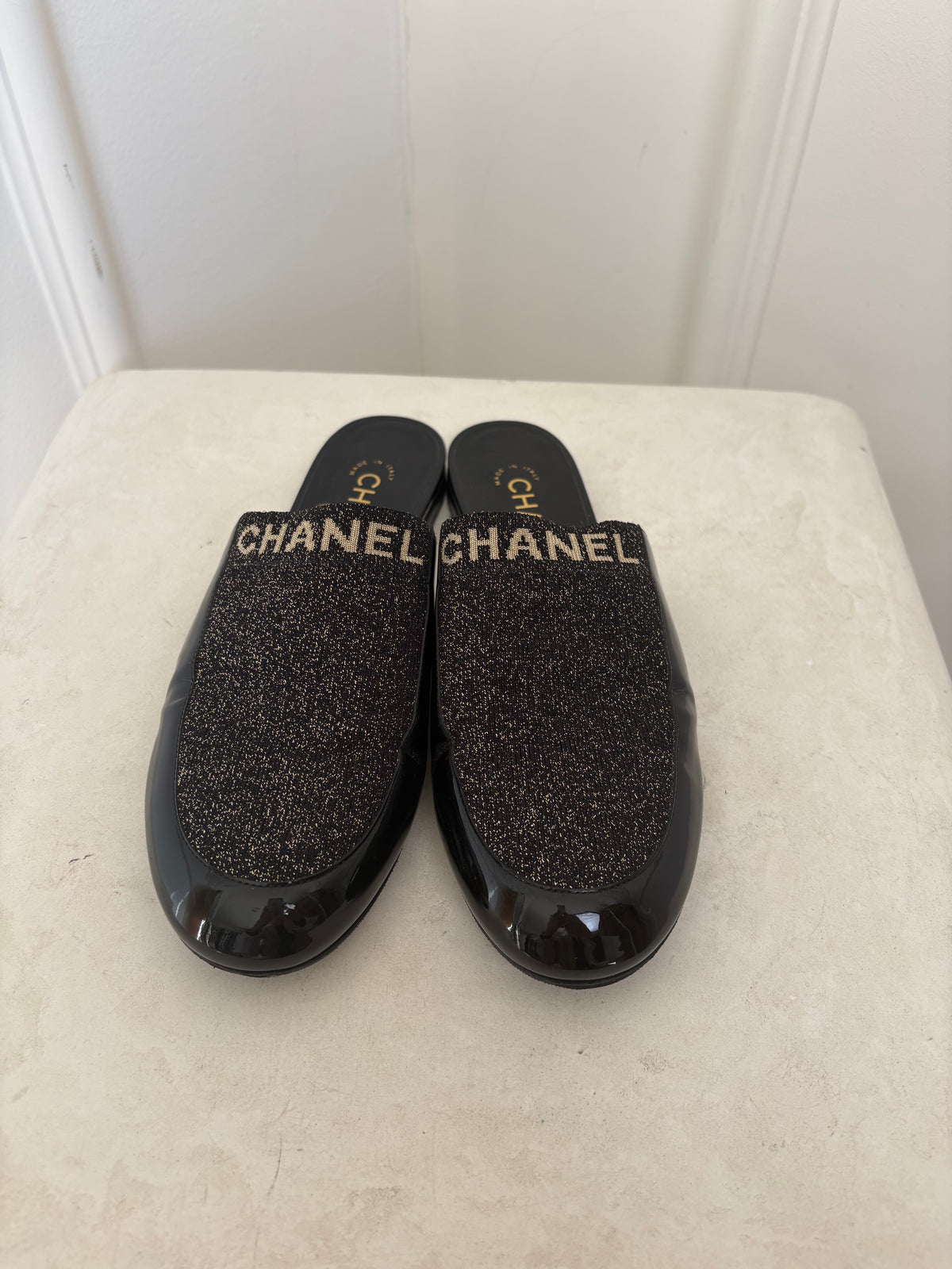 Chanel Black Patent and Knit Lurex Logo Mules, 39 C