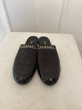Chanel Black Patent and Knit Lurex Logo Mules, 39 C