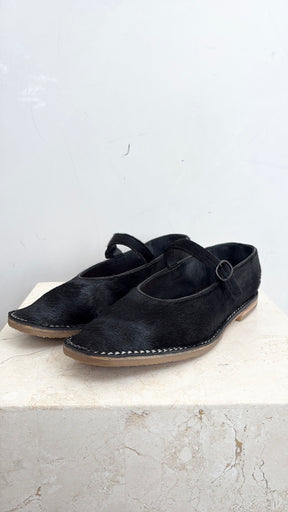 Hereu Black Pony Hair Mary Jane Flats, 37