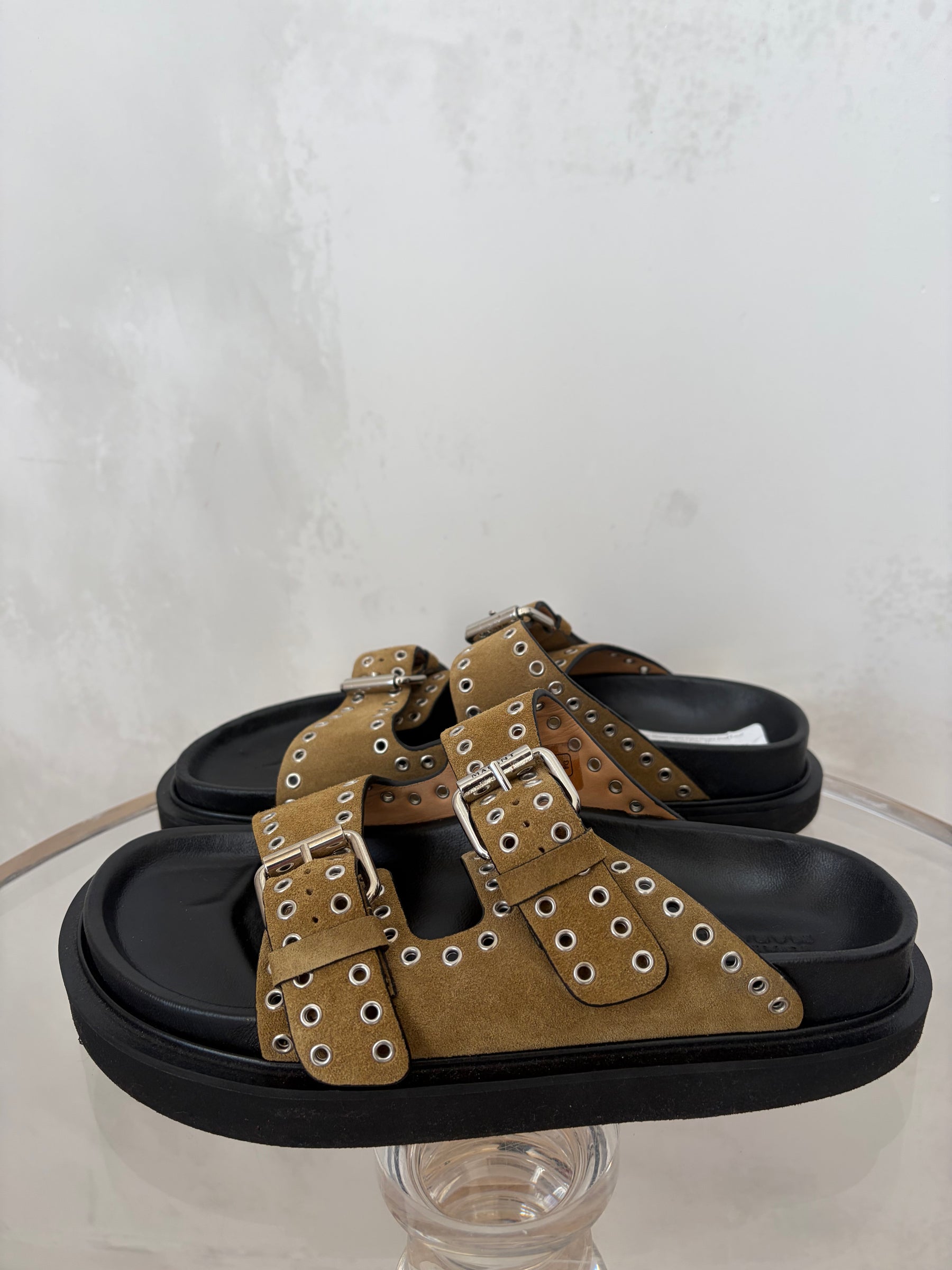 Isabel Marant Lennya Suede Double Strap Eyelet Slides  Khaki, 37