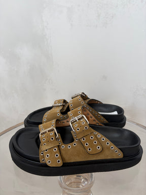 Isabel Marant Lennya Suede Double Strap Eyelet Slides  Khaki, 37