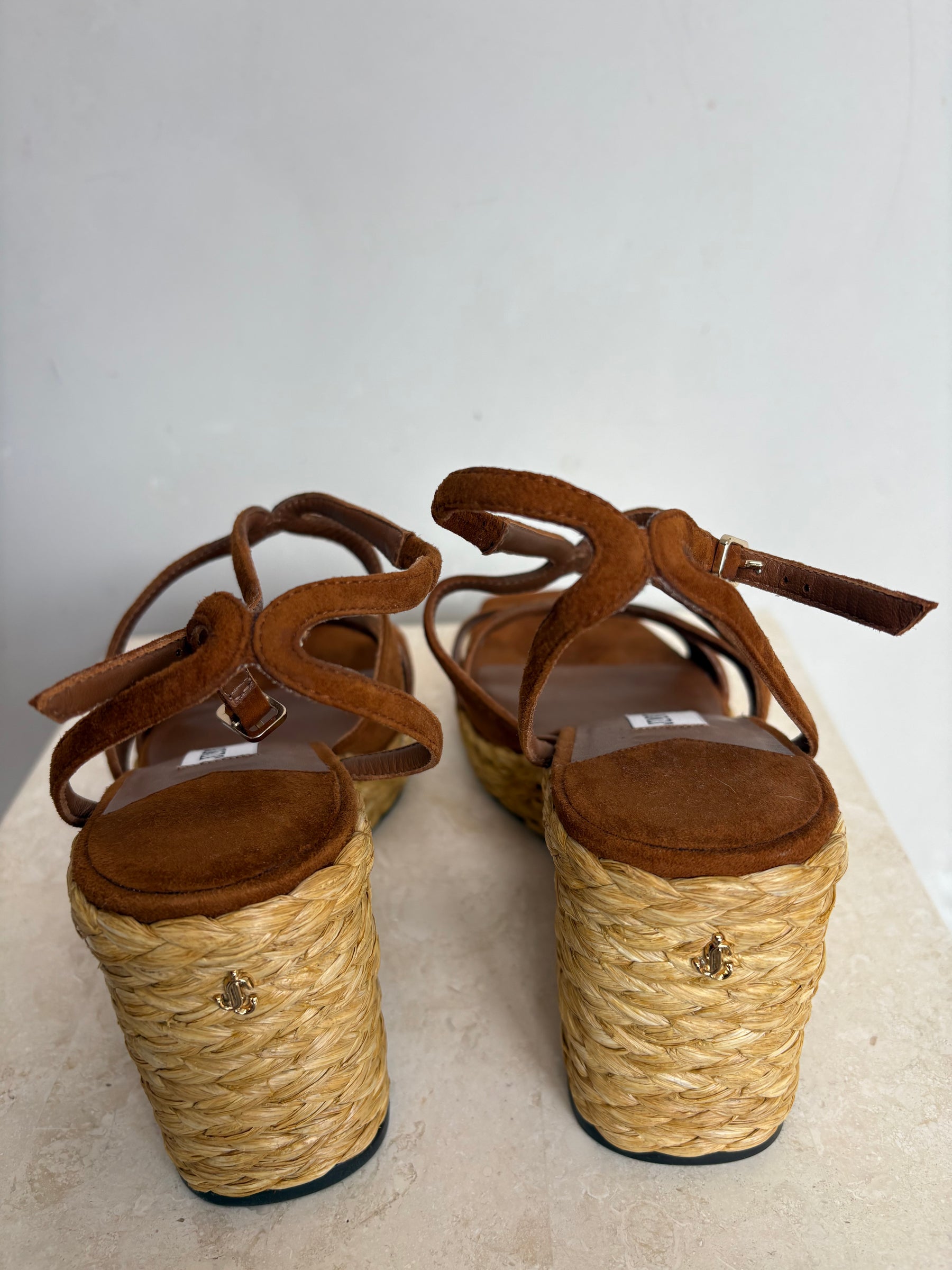 Jimmy Choo Suede Raffia Wedge Sandals Tan, 38.5