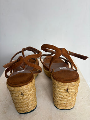 Jimmy Choo Suede Raffia Wedge Sandals Tan, 38.5