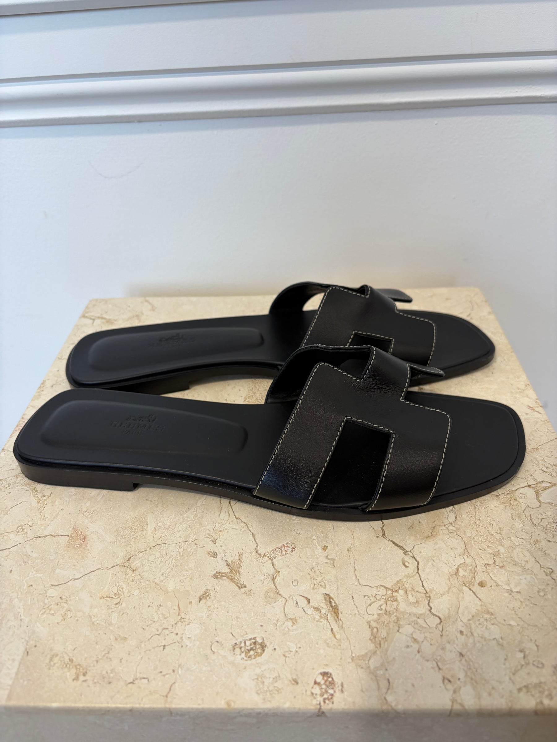 Hermès Black Oran Sandals, 40.5
