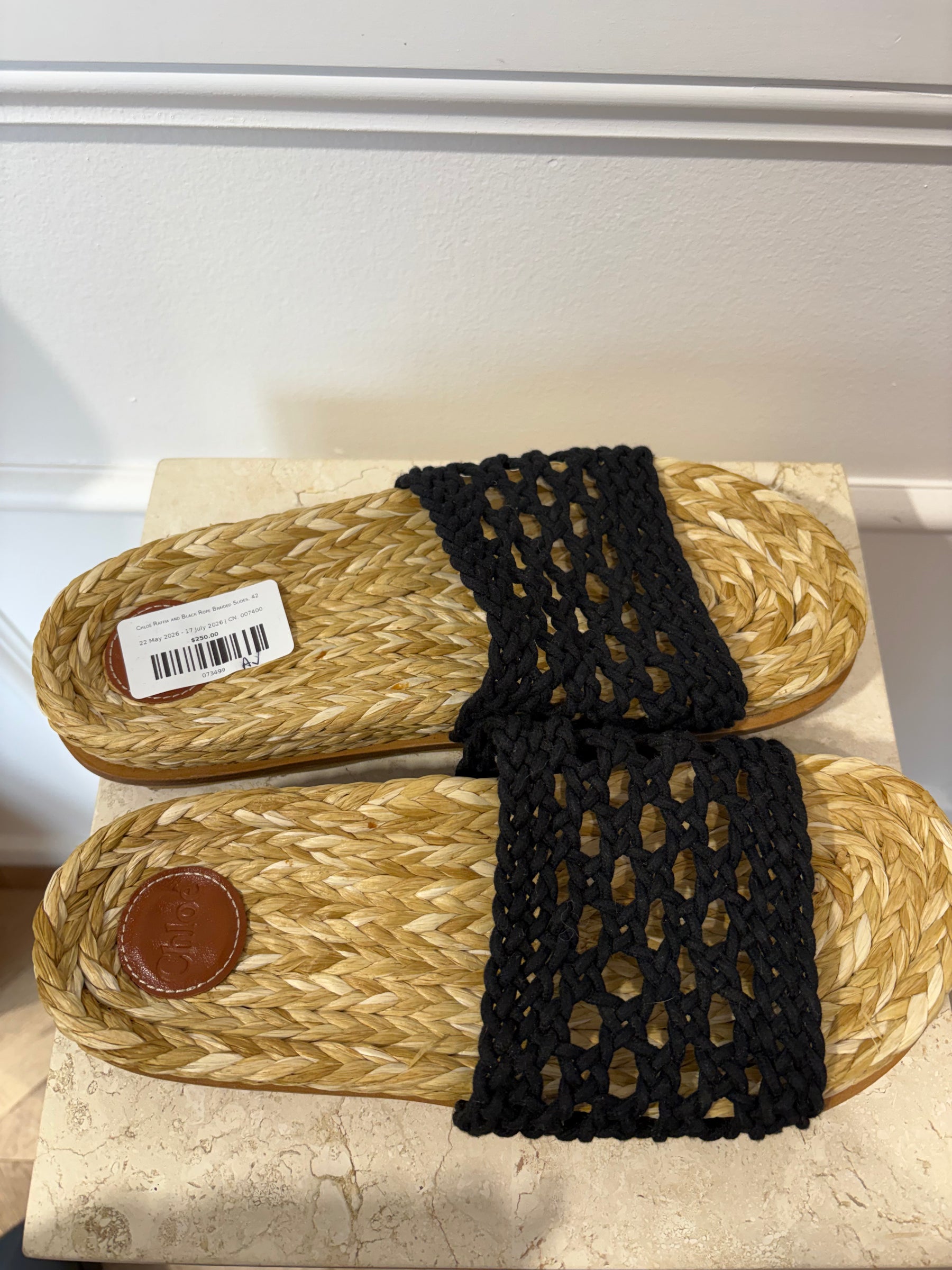 Chloé Raffia and Black Rope Braided Slides, 42