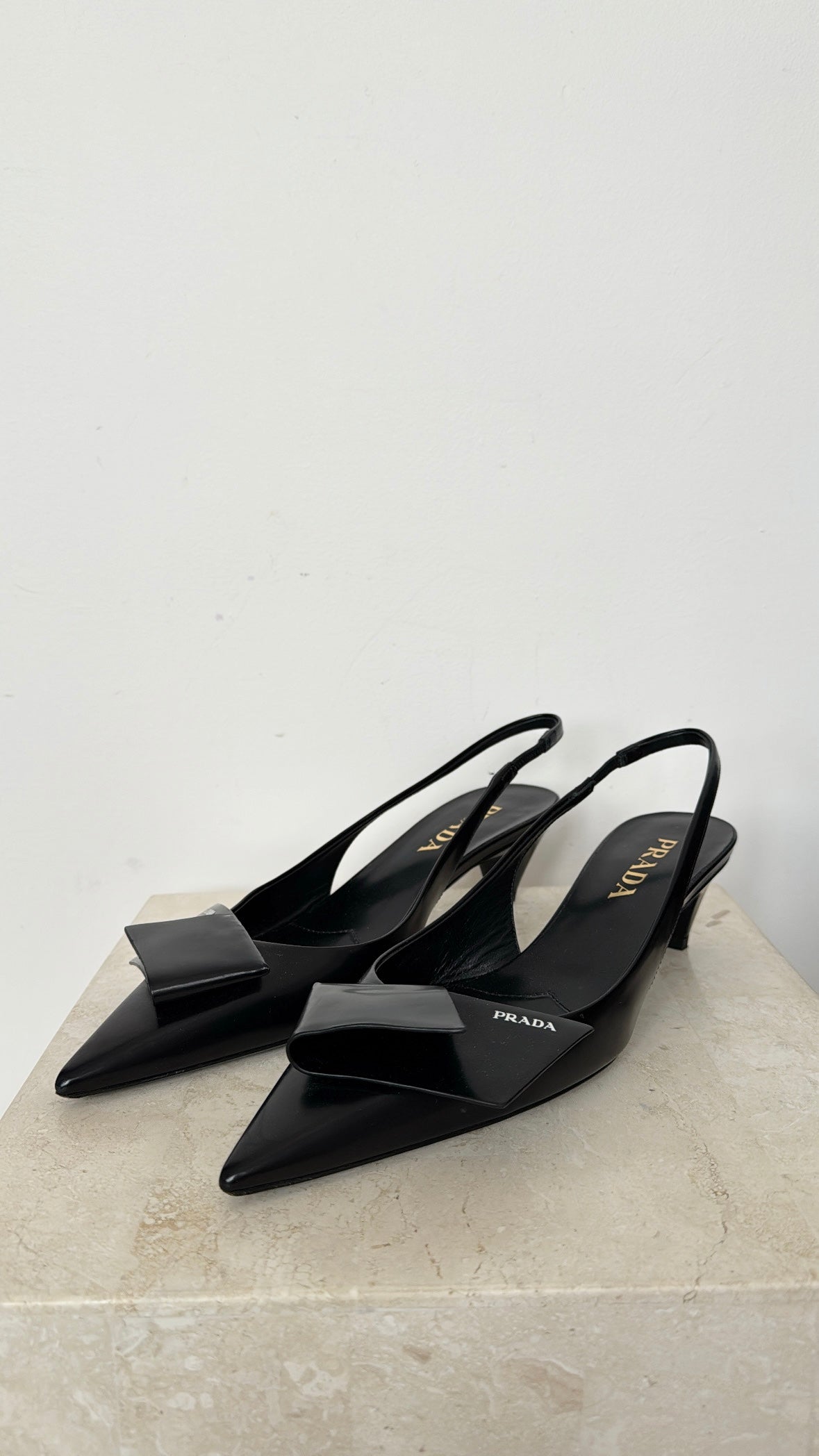 Prada Black Crushed Leather Geometric Slingbacks, 38