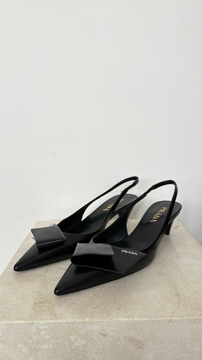 Prada Black Crushed Leather Geometric Slingbacks, 38