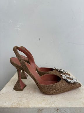 Amina Muaddi Brown Canvas Crystal Begum Slingback Pump, 39
