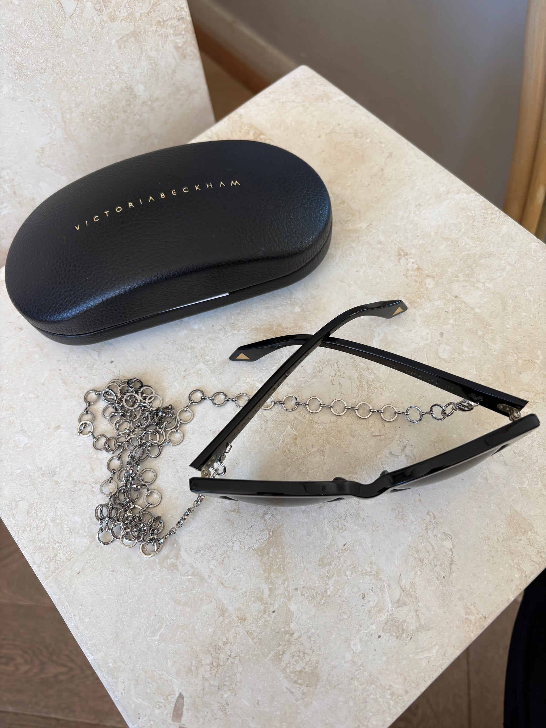 Victoria Beckham Black Wayfarer Sunglasses with Silver Chain