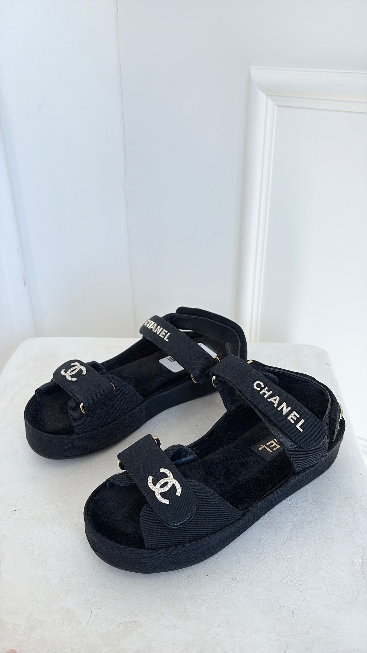Chanel Black Canvas Platform Crystal Logo Sandals, 36C