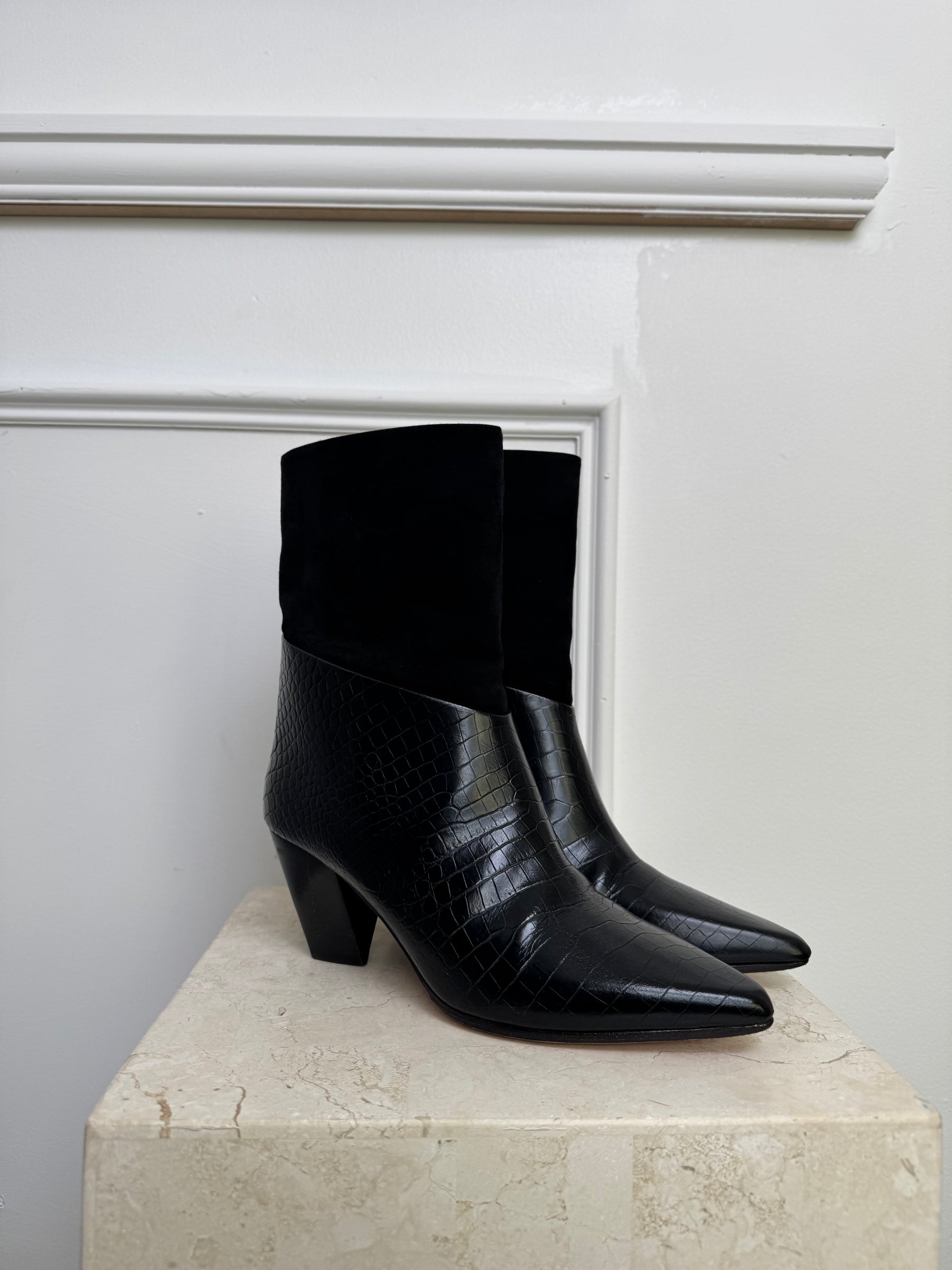 Jimmy Choo Black Croc Embossed Leather and Suede Ankle Boots, 39