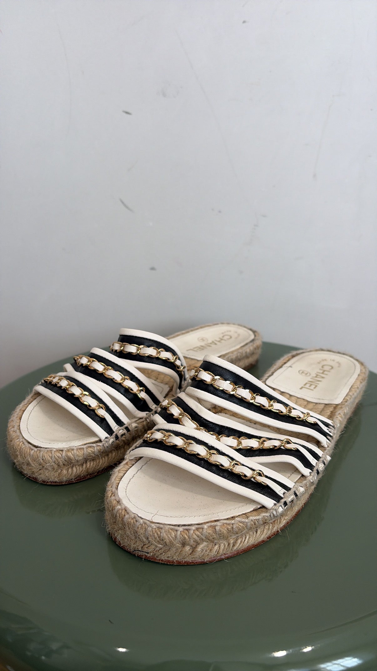 Chanel Black and White Leather Chain Espadrille Slides, 39 C