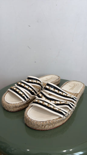 Chanel Black and White Leather Chain Espadrille Slides, 39 C