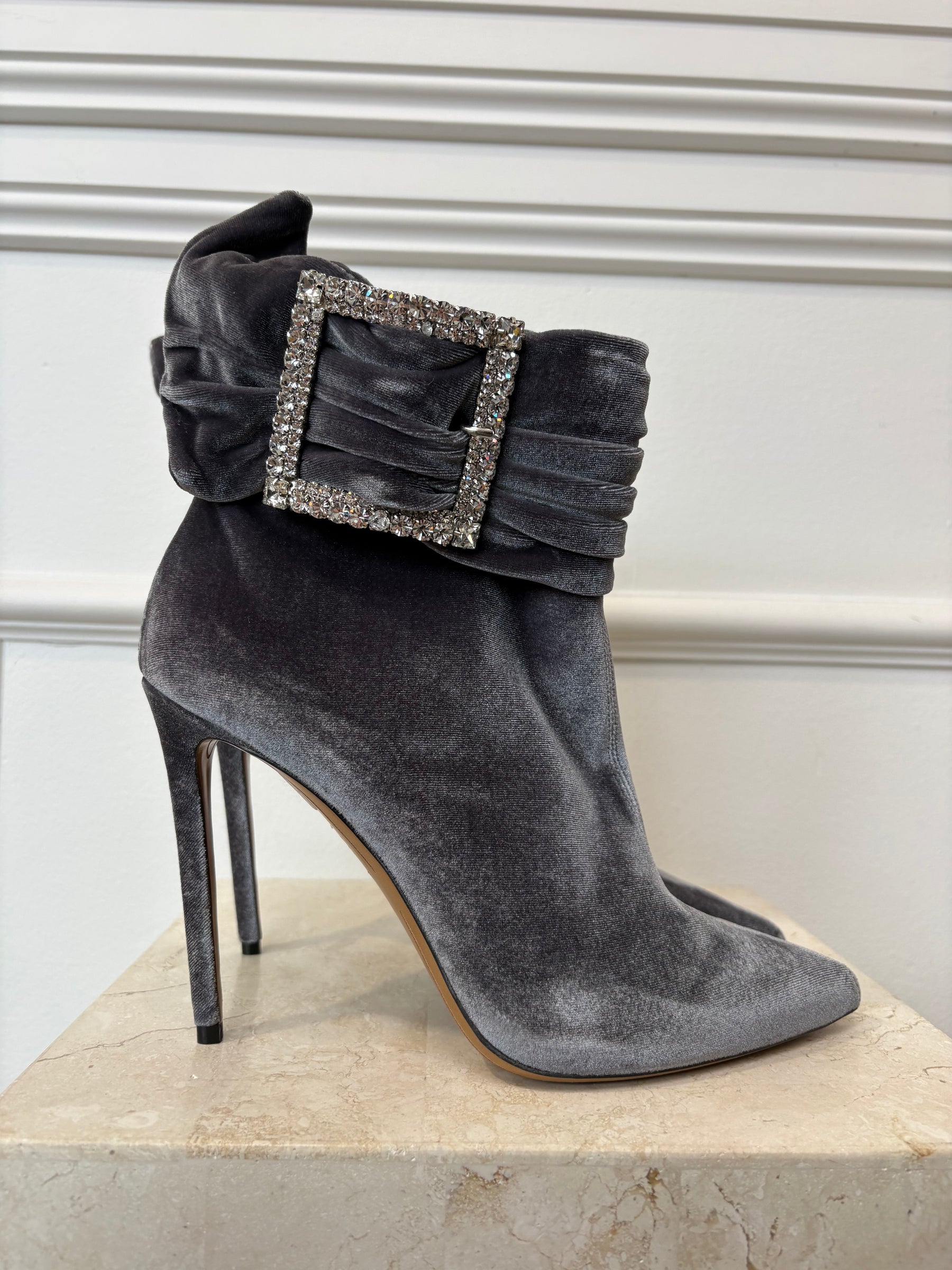 Alexandre Vauthier Grey Velvet Crystal Buckle Heeled Ankle Boots, 41