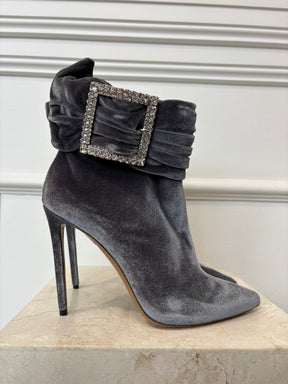 Alexandre Vauthier Grey Velvet Crystal Buckle Heeled Ankle Boots, 41