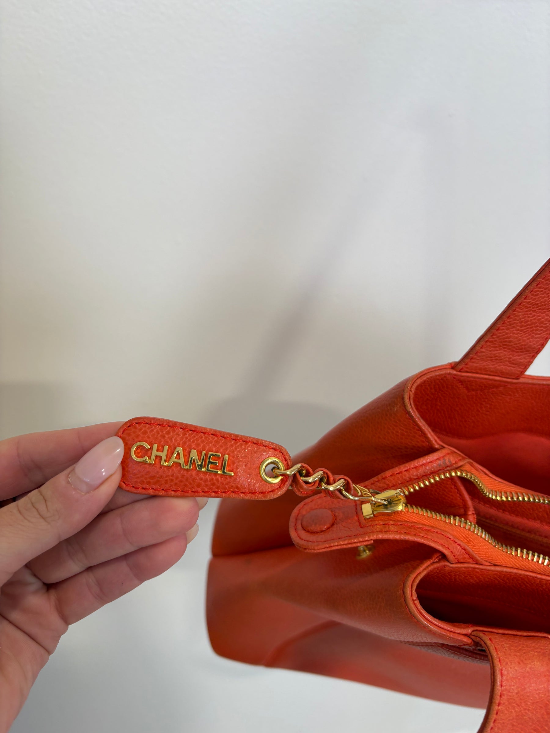 Chanel Orange Caviar Leather Logo Shopper Tote